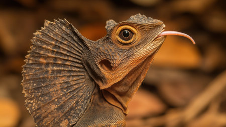 A stunning close-up captures a lizard showcasing its distinct frills and vibrant eyes, blending beautifully into its natural environment, emphasizing its unique features.の素材