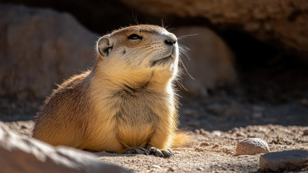 A stunning close-up of a prairie dog basking in the sunlight, showcasing its furry coat and serene expression against a rocky background in its natural habitat.の素材