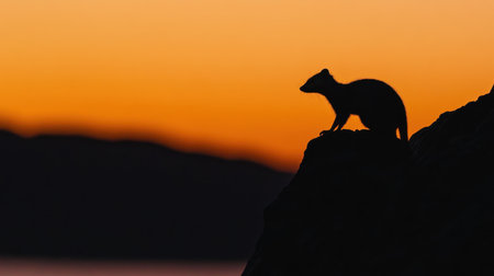 A stunning silhouette of a small animal perched on a rock during sunset. The vibrant colors of the sky create a tranquil atmosphere in nature.の素材