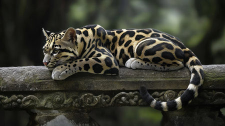 This captivating image features an ocelot resting gracefully on a carved stone ledge, surrounded by lush greenery. The detailed fur patterns of the cat reflect its beautiful and exotic nature.の素材