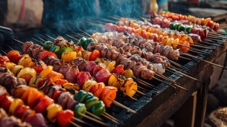 A vibrant array of grilled meats and vegetables on skewers, sizzling over charcoal in an outdoor setting, perfect for summer gatherings and barbecues.の素材