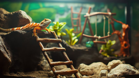 A vibrant lizard explores a wooden ladder in its beautifully designed terrarium habitat, surrounded by rocks and greenery, showcasing a lively environment.の素材