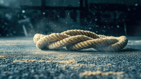 This captivating close-up image features a coiled natural rope resting on a dusty floor. Dramatic lighting highlights particles in the air, enhancing the rustic appeal.の素材