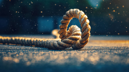 A close-up photograph of a knotted rope resting on a dark surface, illuminated by warm sunset light, creating a tranquil and artistic atmosphere.の素材