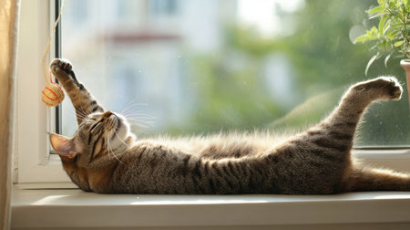 A serene tabby cat stretches comfortably in a sunlit window, reaching for a small toy. This scene captures the essence of relaxation and playful spirit.の素材