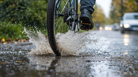 A bicycle wheel splashes through a water puddle during a rainy day, showcasing the joy of cycling in wet weather along a city street.の素材