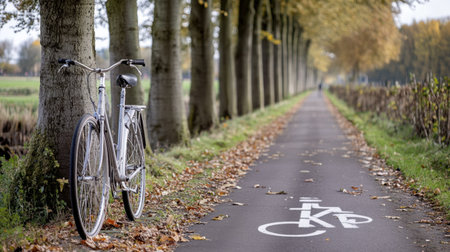A beautiful autumn biking path featuring a parked bicycle alongside tree-lined streets. Fallen leaves decorate the ground, embodying tranquility and outdoor adventure.の素材