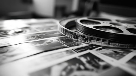 A captivating vintage film reel rests atop a collection of black and white photographs on a table, embodying nostalgia and creative expression in cinema.の素材