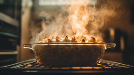 A vibrant image showcasing a hot and steaming baked dish just out of the oven, exuding warmth and comfort in a cozy kitchen setting.の素材