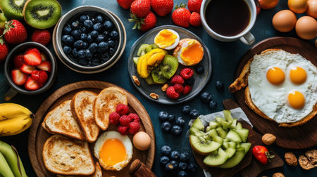 A vibrant breakfast spread featuring fresh fruits, eggs, toast, and coffee arranged beautifully on a dark wooden table, perfect for a healthy meal.の素材