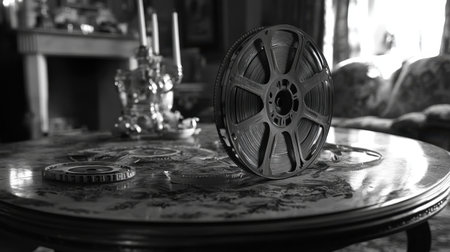 A captivating black and white image featuring a vintage film reel elegantly placed on an antique table, surrounded by decorative elements. The composition evokes nostalgia and reflects cinematic history.の素材
