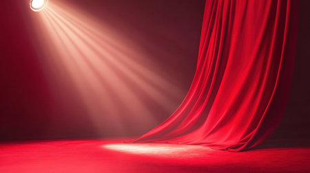 A vibrant red curtain gracefully cascades down, spotlight softly illuminating the stage in a dramatic and inviting theater atmosphere, perfect for performances.の素材