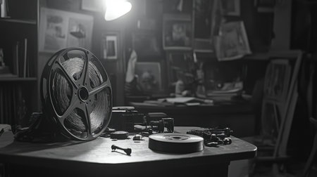 A captivating view of a film reel and various vintage camera equipment in a retro workshop, illuminated by soft light. This evocative scene captures the essence of photography history and creativity.の素材