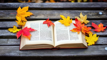 This serene image captures an open book surrounded by vibrant autumn leaves on a rustic wooden table, evoking a cozy atmosphere perfect for relaxation.の素材