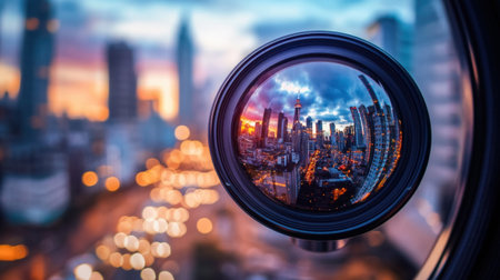 Captivating cityscape image captured through a camera lens, showcasing a stunning sunset with vibrant colors reflecting on urban buildings and skyline.の素材