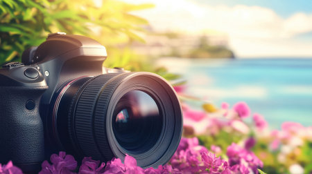 A vibrant close-up image of a professional camera resting on colorful flowers, set against a picturesque sunset background with a tranquil atmosphere.の素材