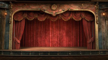 This image features a vintage theater stage adorned with rich red curtains and intricate architectural details, capturing the elegance of classic performances.の素材