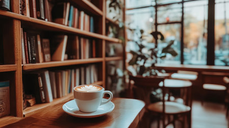 A warm and inviting coffee shop scene featuring a cup of latte art placed on a wooden table, surrounded by bookshelves and lush plants, creating a perfect atmosphere for relaxation and enjoyment.の素材