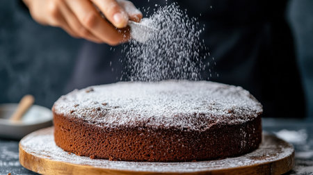 A close-up of a person expertly sifting powdered sugar over a beautifully baked chocolate cake, creating a tempting finishing touch in a warm kitchen.の素材