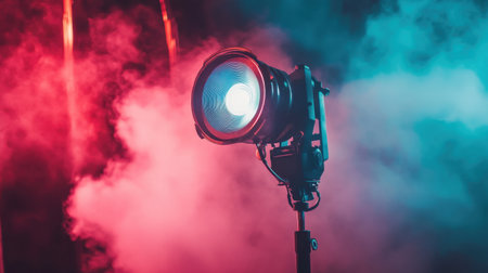 A vibrant stage light beams through colorful smoke, creating a dramatic and captivating atmosphere suitable for performances and events.の素材