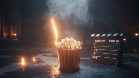 A captivating image featuring a vibrant bucket of popcorn surrounded by smoke with a classic film slate, evoking a cozy cinematic atmosphere perfect for movie nights.の素材