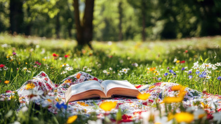 An open book rests on a beautiful blanket in a vibrant field filled with wildflowers, capturing a serene moment of reading in nature's embrace.の素材