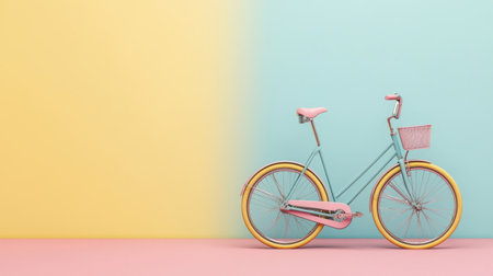 A charming vintage bicycle stands elegantly against a soft pastel background, blending pink and blue hues. This image captures joy and freedom, ideal for creative projects.の素材