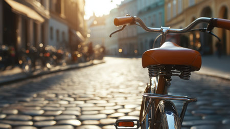 A vintage bicycle rests on a cobblestone street, illuminated by warm golden light at sunset. This serene urban scene captures timeless beauty and charm.の素材