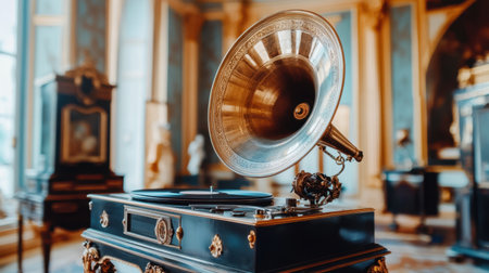 This image captures a vintage gramophone placed in a beautifully designed museum interior, highlighting the exquisite craftsmanship and rich history of audio technology.の素材