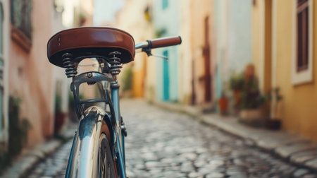 A vintage bicycle stands on a cobblestone street in a charming alleyway filled with colorful buildings. The scene evokes nostalgia and tranquility.の素材
