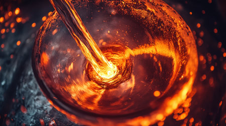 This captivating close-up image captures the dynamic motion of liquid hot metal pouring into a glass bowl, showcasing mesmerizing swirling patterns and vibrant orange glow.の素材
