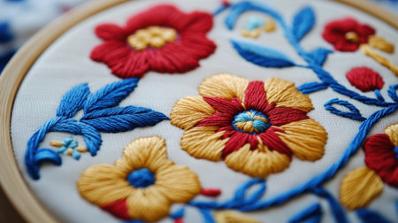 A vibrant close-up image of a hand-embroidered floral design, showcasing intricate stitching patterns crafted on a soft fabric background. Perfect for art and craft themes.の素材