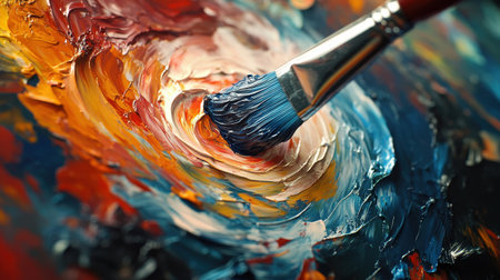 A close-up view of a vibrant swirl of colors on a textured canvas captures the essence of artistic expression. The brush glides through the paint, creating a mesmerizing pattern that evokes emotion and creativity. Ideal for art enthusiasts and creators.の素材
