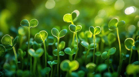 A vibrant close-up photograph of fresh green seedlings growing in a sunlit garden, showcasing natureの素材