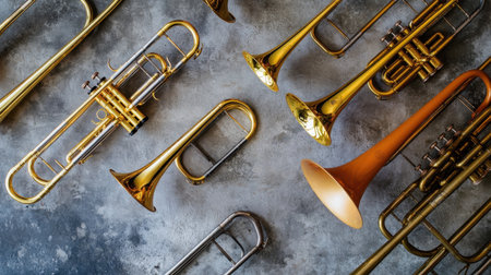 A stunning array of brass instruments, including trumpets and trombones, arranged on a textured background. Perfect for music and art enthusiasts.の素材
