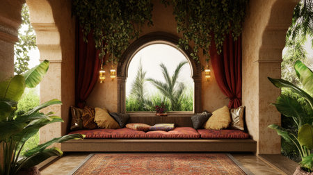 Embrace tranquility in this inviting indoor lounge area featuring plush cushions and warm lighting. The arched window reveals a calming outdoor view filled with lush greenery. Perfect for relaxation and aesthetic enjoyment.の素材