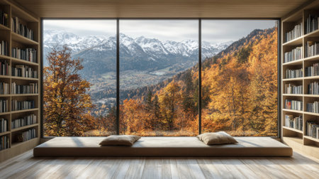 This image captures a cozy and modern living space featuring large windows that open to a breathtaking autumn mountain view, showcasing vibrant colors and serene natural beauty.の素材