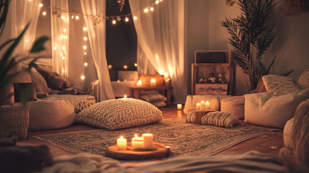 This image captures a cozy relaxation space filled with soft cushions, warm candlelight, and a calming atmosphere, perfect for unwinding and mindfulness.の素材