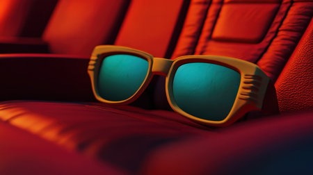 A pair of vibrant retro sunglasses lounges on an empty movie theater seat, surrounded by colorful lighting and textured upholstery, creating a playful ambiance.の素材