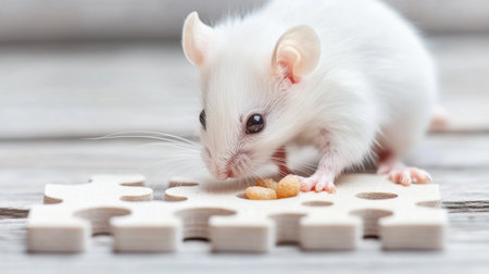 A cute white mouse curiously interacts with a wooden puzzle piece while nibbling on tiny snacks in a bright, cozy environment. The image captures the charm and innocence of this small creature.の素材