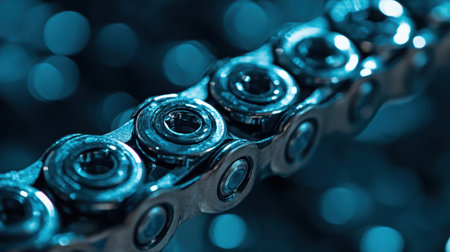 This image captures a detailed close-up of a bicycle chain, showcasing its metallic shine against a blue background. The focus highlights the intricacies of the mechanical design, perfect for themes related to cycling, maintenance, or engineering.の素材