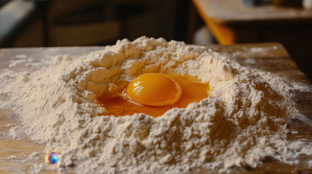 A fresh egg yolk rests in the center of a mound of flour on a rustic wooden table, creating a perfect scene for cooking and baking enthusiasts.の素材