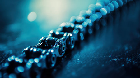 This image features a close-up view of a metallic chain link, set against an abstract blue bokeh background, offering a unique perspective on industrial themes.の素材