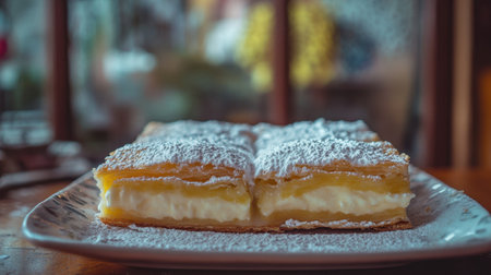 A delectable creamy pastry dessert lies on a white plate, dusted with powdered sugar, capturing attention in a soft, inviting backdrop perfect for food lovers.の素材