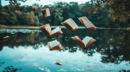 A captivating scene featuring floating books above a serene lake, surrounded by lush greenery, evoking a sense of tranquility and imagination.の素材
