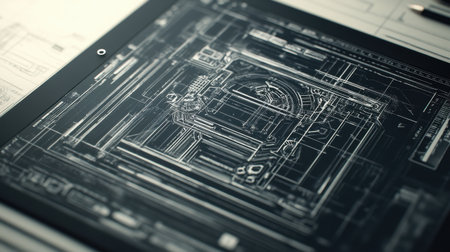 A close-up view of an architectural blueprint displayed on a digital tablet, surrounded by drafting tools and technical drawings, showcasing creativity and precision.の素材