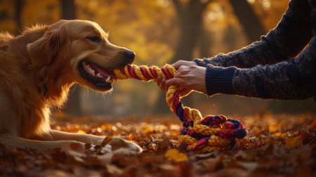A golden retriever joyfully engages in play with a colorful rope toy under the warm sunlight of an autumn afternoon, surrounded by vibrant leaves.の素材