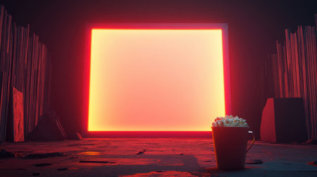 A captivating scene featuring an empty cinema screen that glows in neon light, complemented by a bucket of popcorn in a dimly lit room.の素材