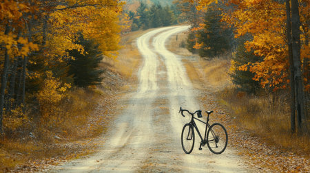 A serene autumn scene featuring a bicycle parked on a dusty road, framed by vibrant fall foliage and softly winding landscapes perfect for outdoor adventures.の素材
