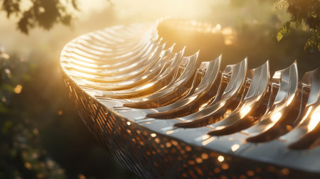 This stunning image captures a unique metallic sculpture nestled in lush greenery, illuminated by the warm glow of sunrise, revealing intricate details and a peaceful atmosphere.の素材